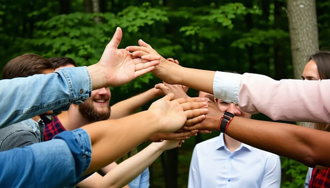 Want to find an image which is linked to some team members getting promotions Want it to feature outdoors style natural and organic images but also not showing any peoples facesMultiple people aspirational maybe some high fives  don